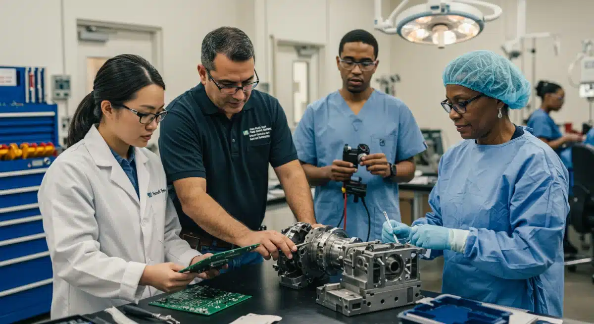 Diverse workers acquiring new skills in a dynamic training environment.