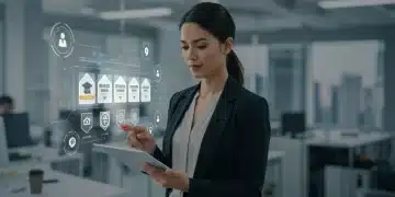 Professional woman reviewing micro-credential badges on a tablet, symbolizing career advancement.