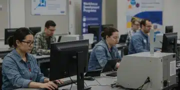 Adults engaged in skill retraining for modern jobs, symbolizing workforce development programs.