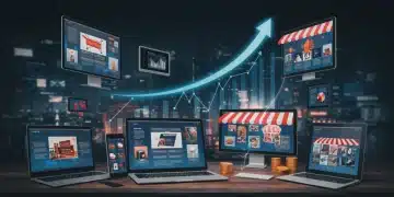 Illustration of E-commerce Sales Growth 2026 with interconnected devices and rising graphs.