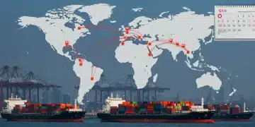 Global supply chain map with red lines indicating shipping delays until Q1 2026, impacting consumer goods.