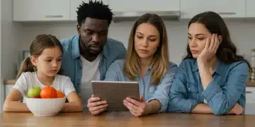Family reviewing financial information on a tablet, symbolizing SNAP benefit changes.