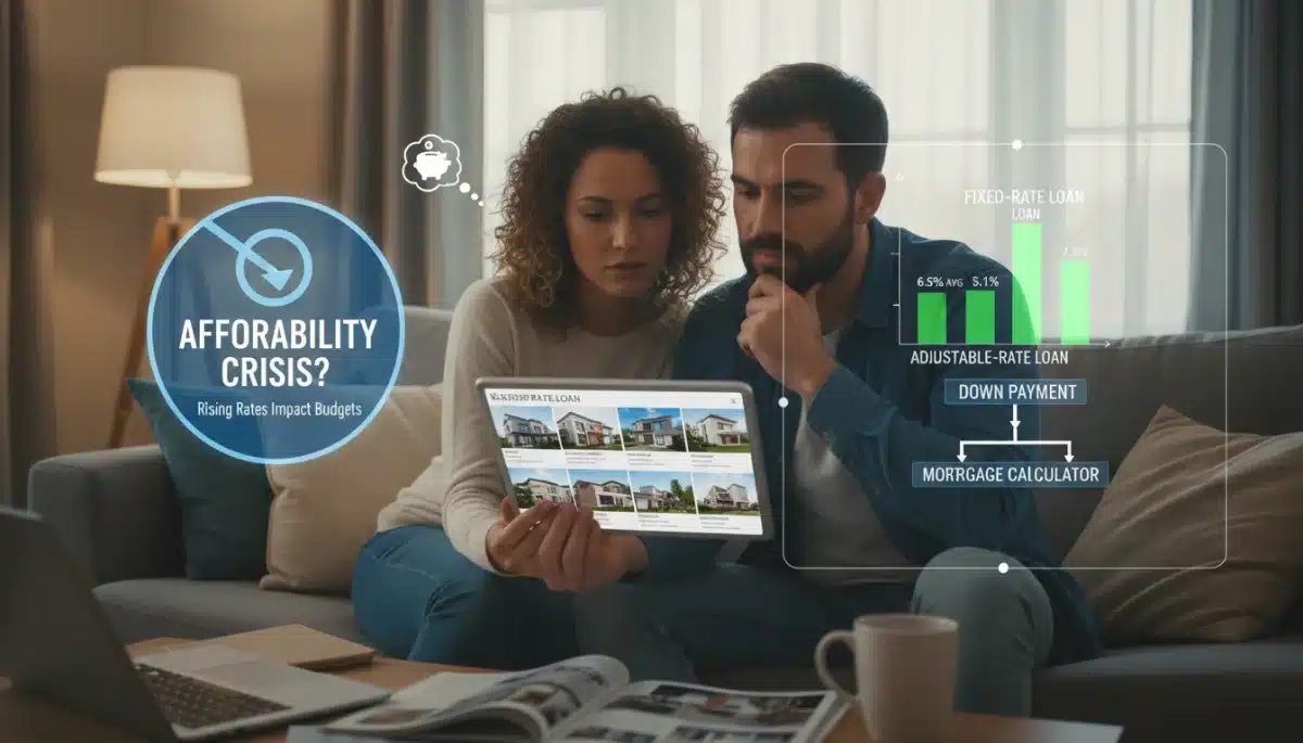Couple reviewing home listings and financial options on a tablet.