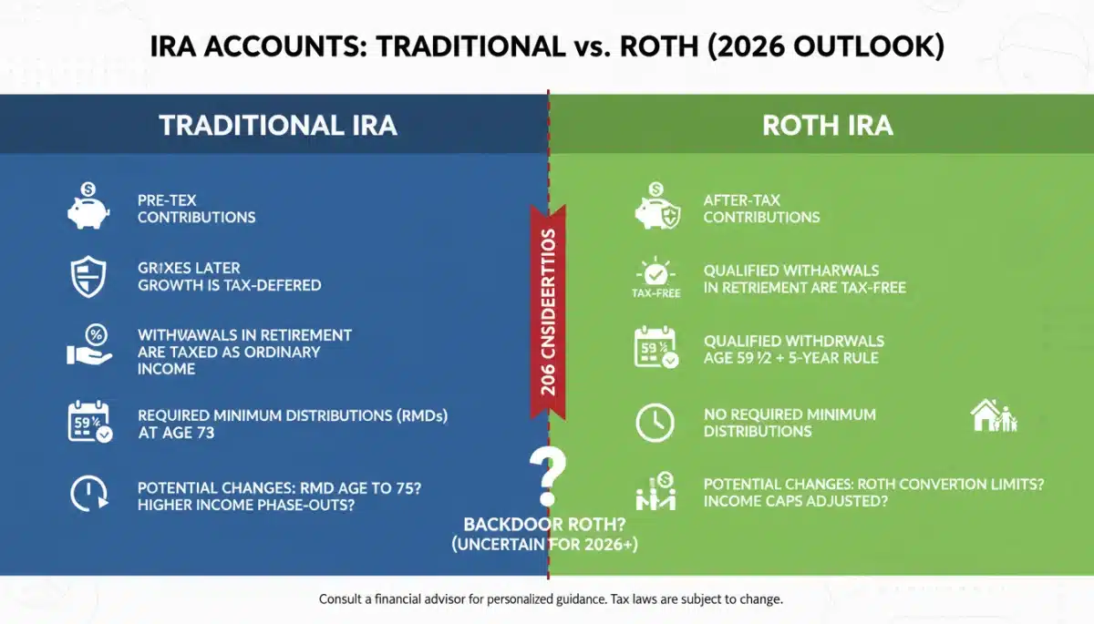 Comparison graphic of Traditional IRA vs. Roth IRA tax benefits for 2026.