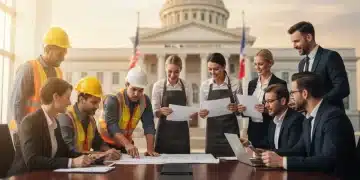 Federal Aid Package 2026: Small Business Impact & Approval Small business owners reviewing federal aid package documents with hope.