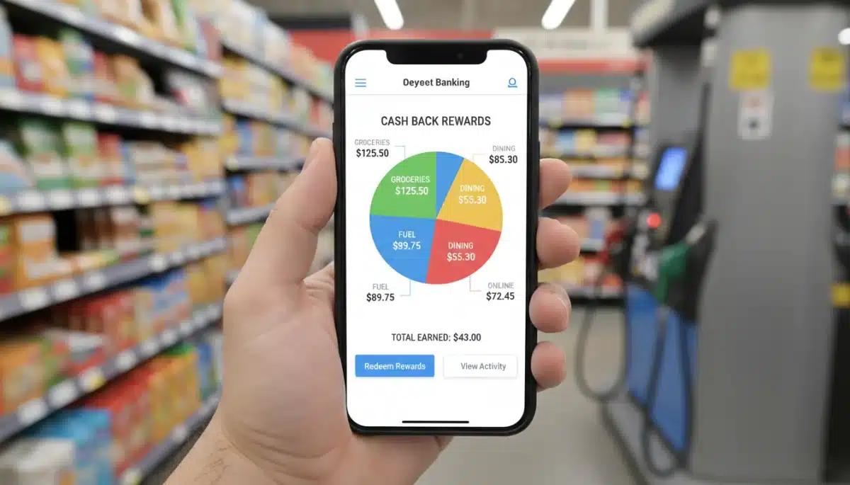 Person tracking cash back rewards on a mobile banking app