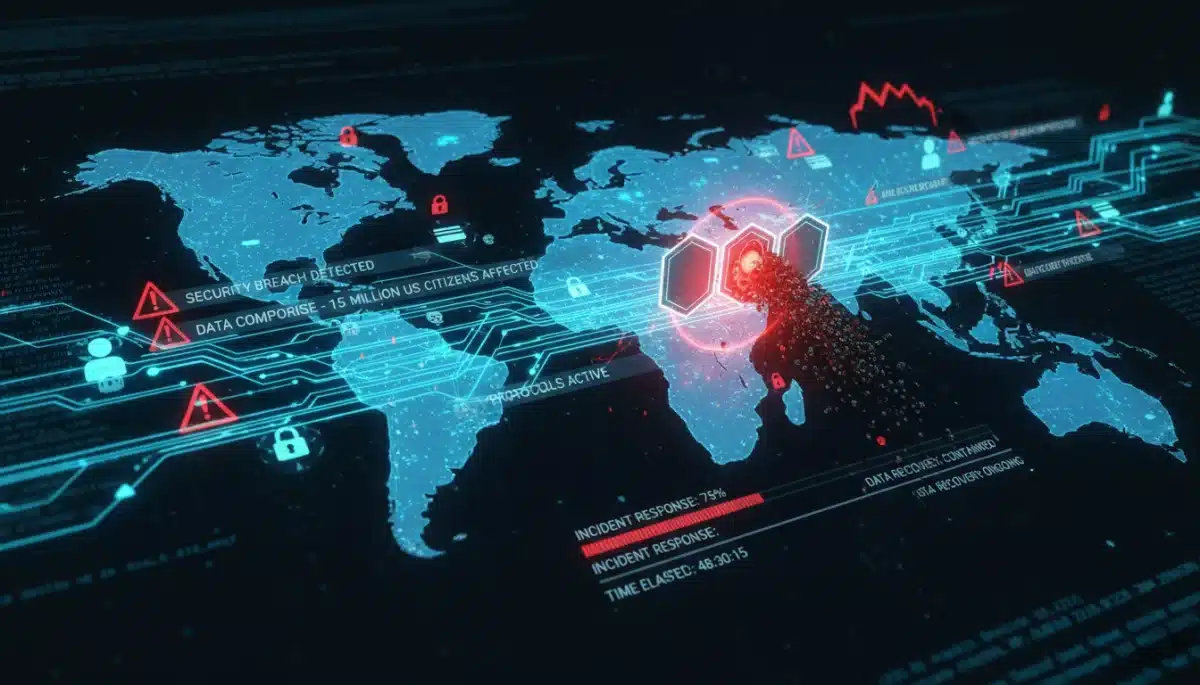 Encrypted data streams with warning signs, depicting cybersecurity incident response and data recovery.