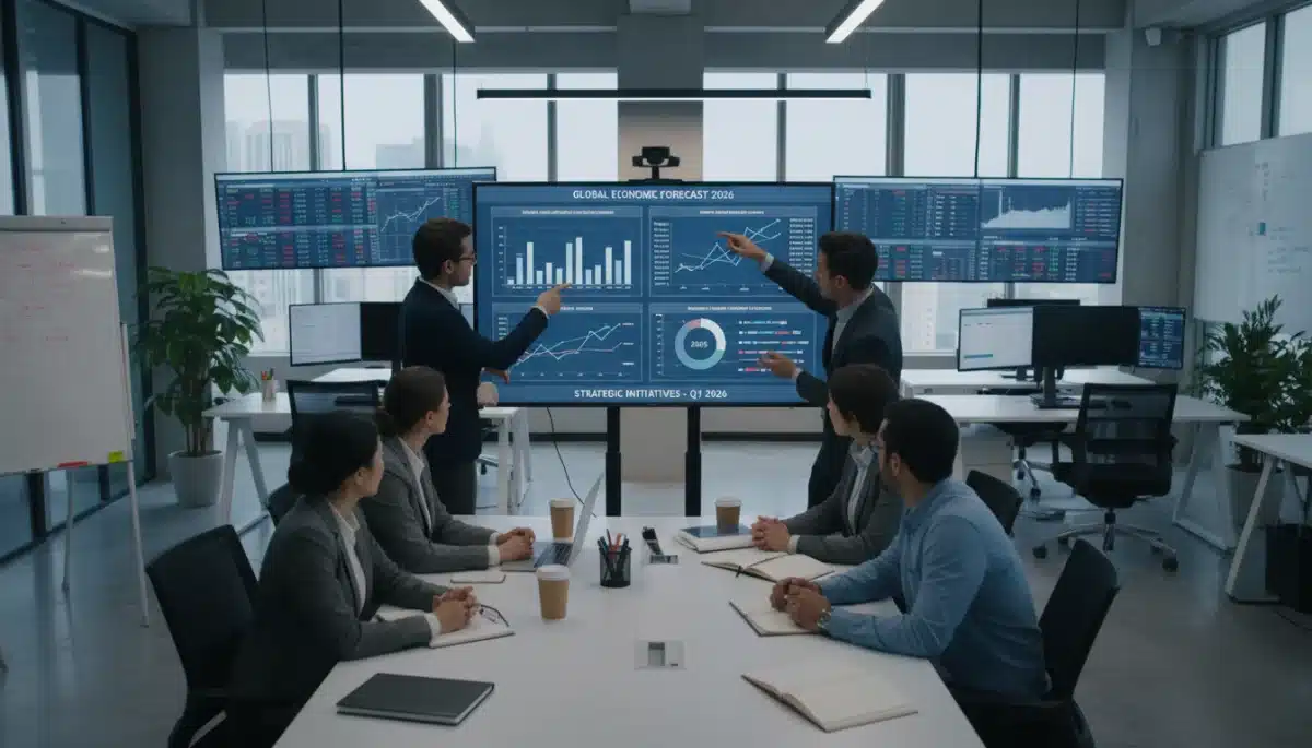 Business professionals analyzing economic data and market opportunities
