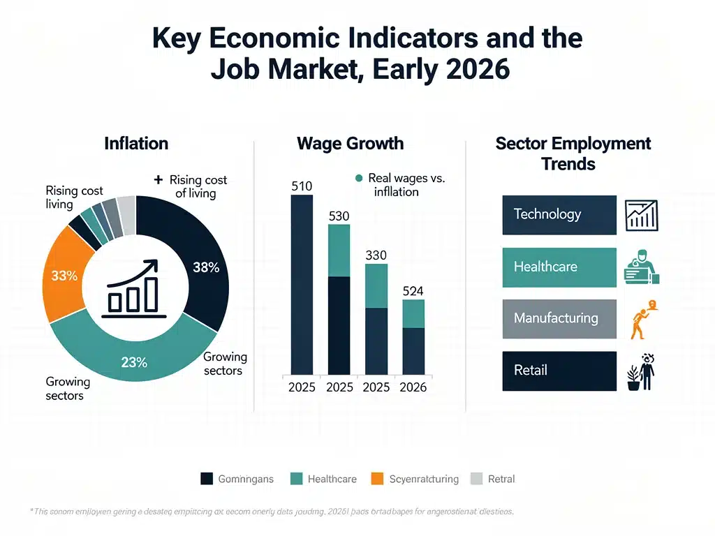 Infographic displaying key economic indicators for the US job market in early 2026