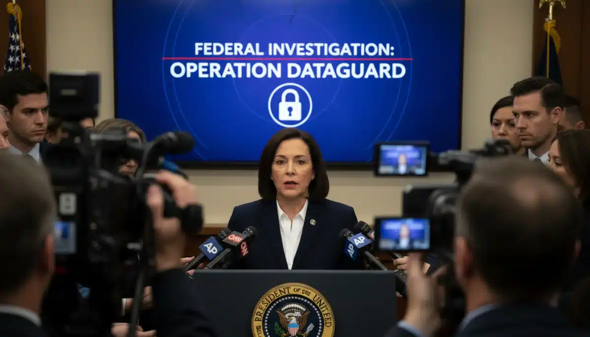 Government official addressing press about federal investigation into US cybersecurity breach.
