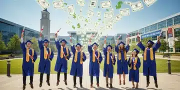 High school seniors celebrating graduation with scholarship certificates.