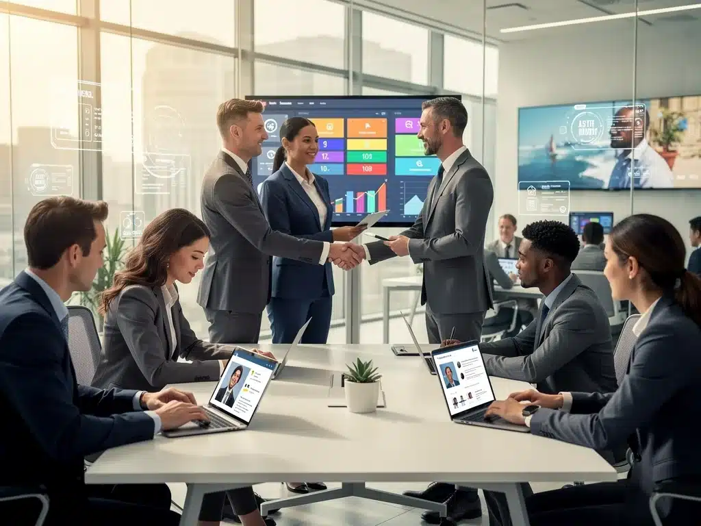Diverse job seekers and employers networking in a contemporary office setting