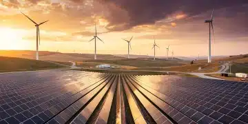 Solar farm and wind turbines symbolizing renewable energy investment