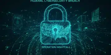 Digital padlock over US map with binary code, symbolizing a major cybersecurity breach and federal investigation.