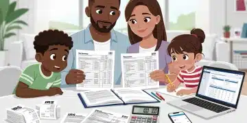 2026 Tax Code Changes: Maximizing Deductions & Credits Family reviewing tax documents and a calculator, symbolizing 2026 tax code changes and financial planning for American households.