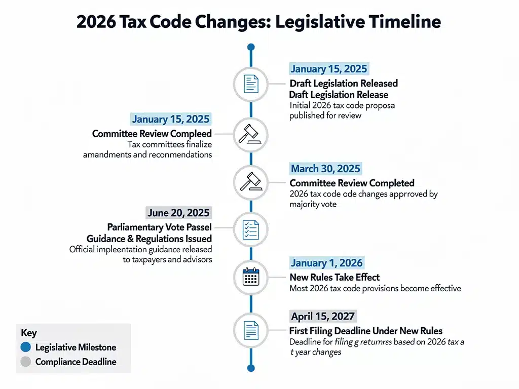 Timeline infographic of key legislative milestones for 2026 tax code changes.