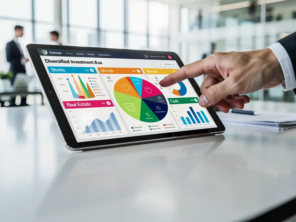 Diversified investment portfolio on tablet screen showing asset allocation.