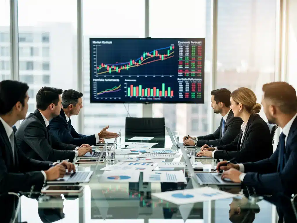 Financial advisors discussing market data and strategic planning.