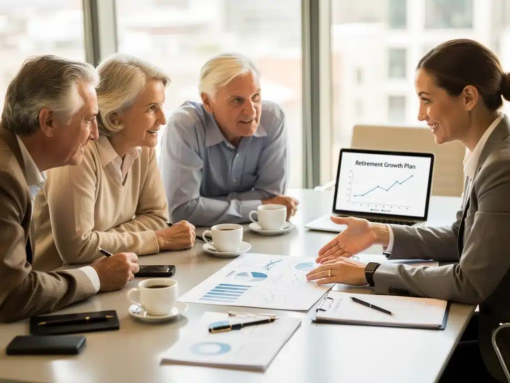 Family consulting a financial advisor about long-term retirement planning and 401(k) strategies.