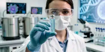 Scientist holding a vial with a new breakthrough therapy in a state-of-the-art laboratory.
