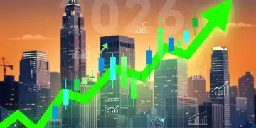 Illustration of a rising stock market chart over a US city, representing the 2026 US stock market outlook and economic growth.