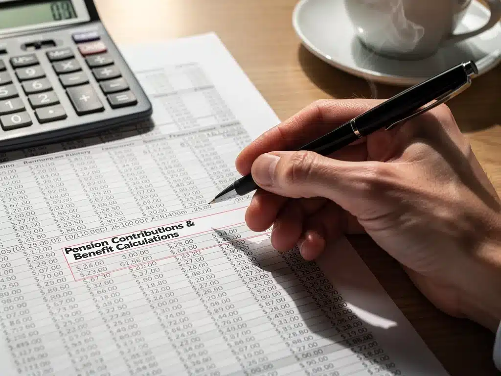 Hand highlighting pension contribution figures on a financial statement