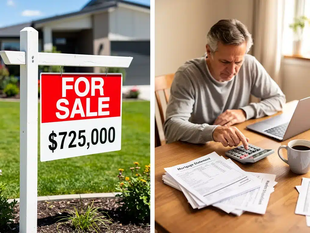 For sale sign with high price and homeowner calculating mortgage