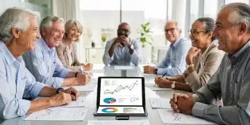 Group of diverse retirees discussing pension plan adjustments for 2026