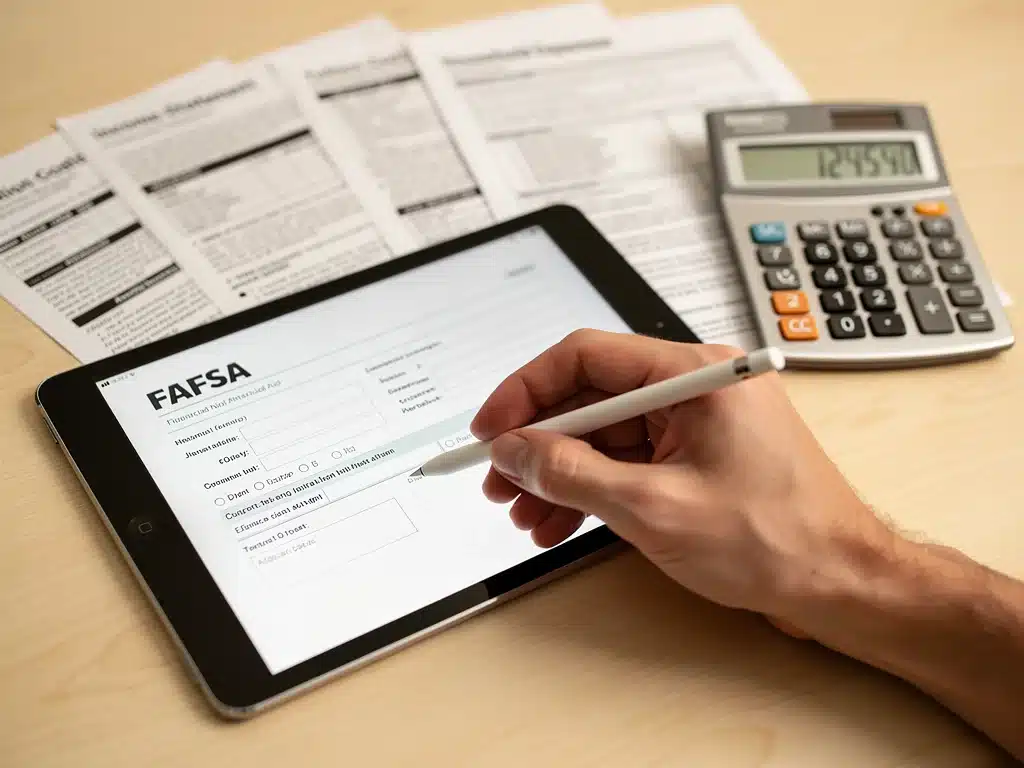 Student completing FAFSA form on tablet, highlighting digital application and financial aid calculations.