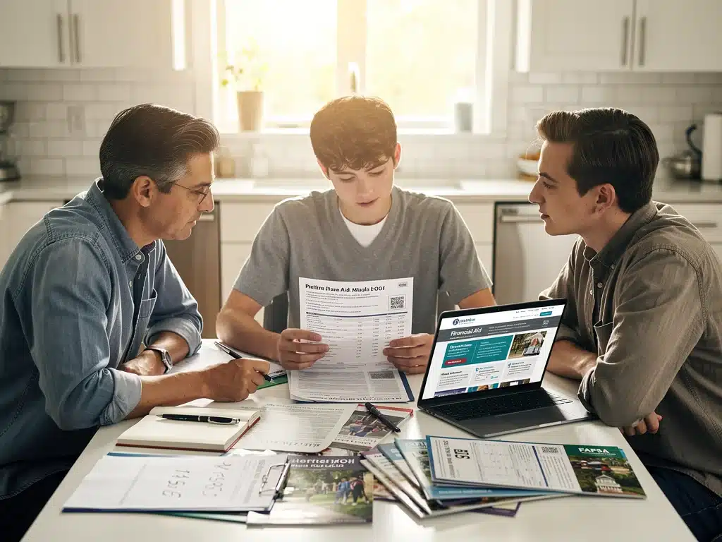 Family discussing college financial aid documents, planning for higher education costs.