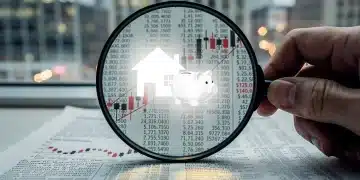 Financial newspaper with magnifying glass, house, and piggy bank, symbolizing Fed rate hike impact on mortgages and savings.