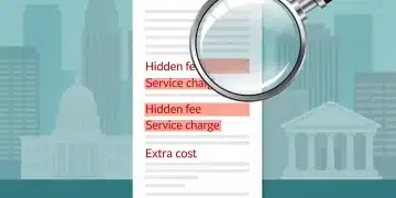Illustration of a magnifying glass inspecting a receipt, highlighting hidden fees being eliminated by new FTC regulations. FTC Bans Hidden Fees.
