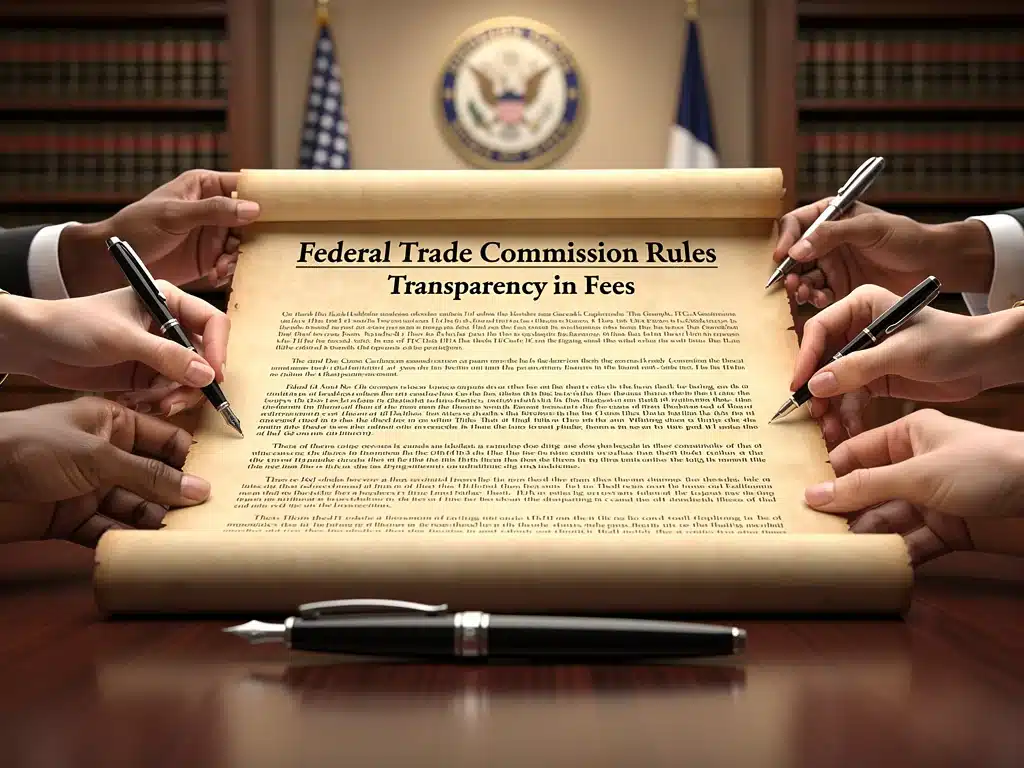 Legal document symbolizing new FTC regulations being enforced to ban hidden fees.