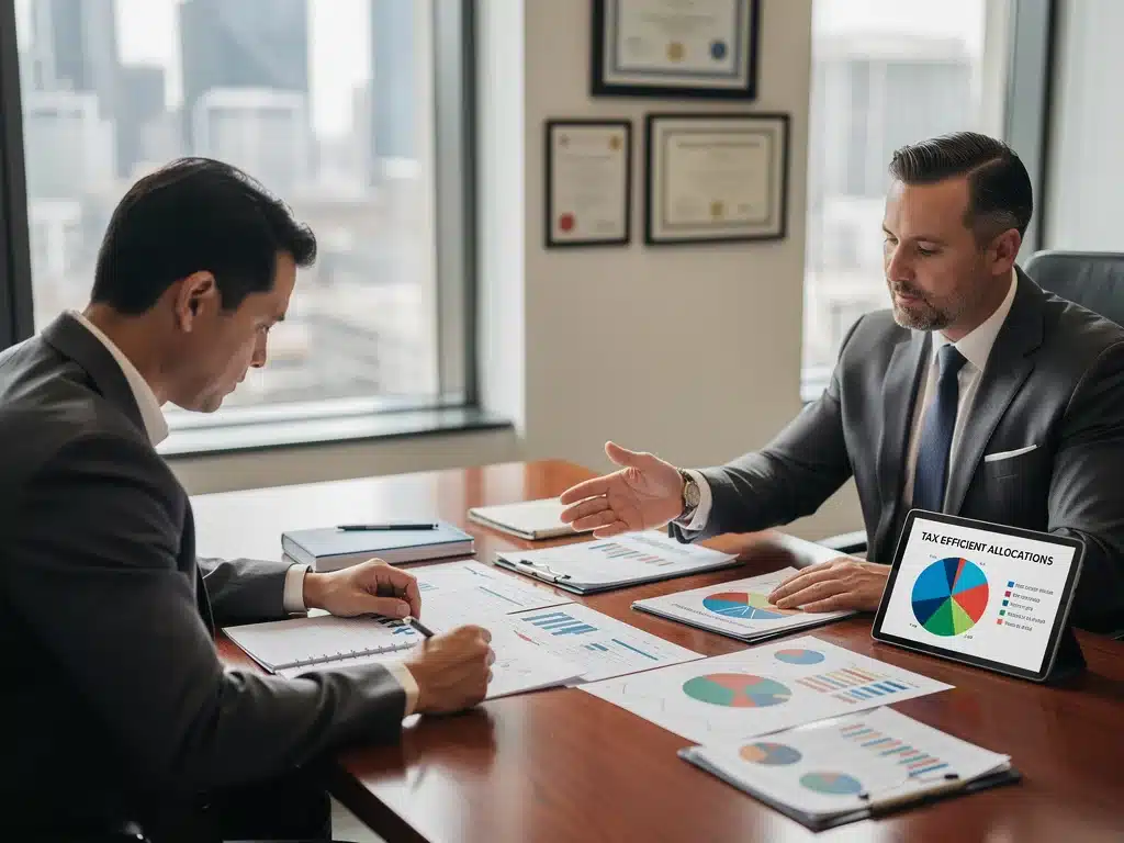 Financial advisor explaining asset protection strategies to a client in a professional setting.